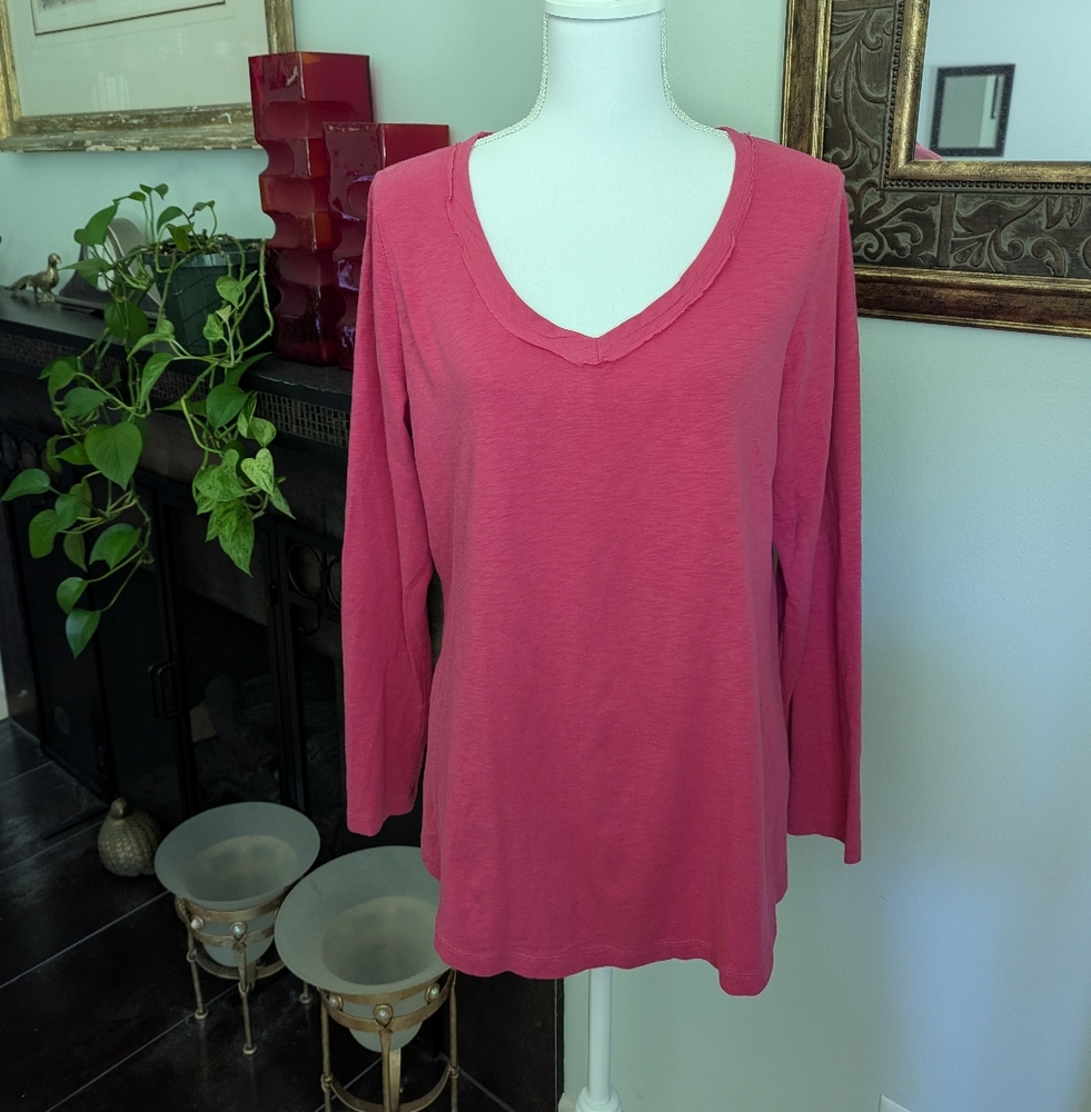 J.Jill Women's Large Pink Voile Trim Slub Tee Long Sleeve V-Neck Cotton Tunic 58